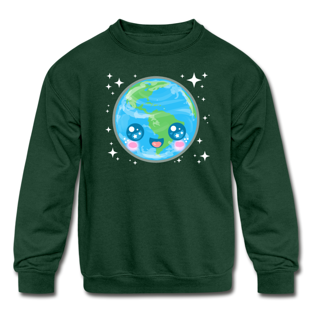 Kids' Kawaii Earth Crewneck Sweatshirt - forest green