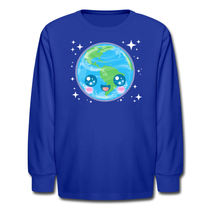 Kids' Kawaii Earth Long Sleeve T-Shirt - royal blue