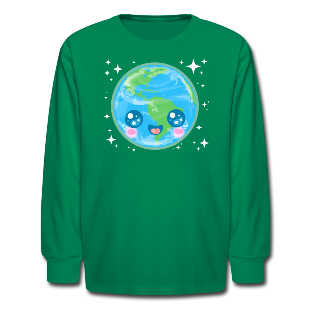 Kids' Kawaii Earth Long Sleeve T-Shirt - kelly green